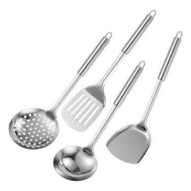 Imagem de Kit 4 Pçs Utensílios Cozinha Inox Escumadeira Concha Espátul - Importa