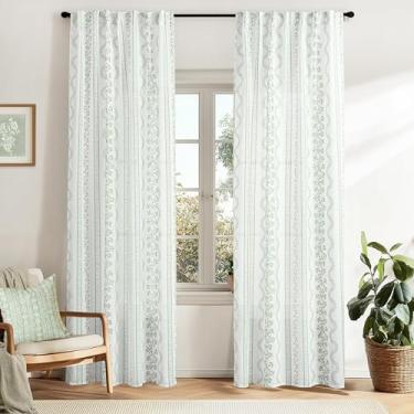 Imagem de Cortinas florais boêmias para sala de estar, cortinas transparentes de linho boho para quarto 213 cm de comprimento, verde claro
