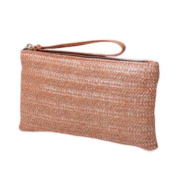 Imagem de Bolsa clutch feminina de palha - Bolsa de mão boêmia verão praia com zíper, Marrom, Compact (8.6” x 5.1” x 0.55”)