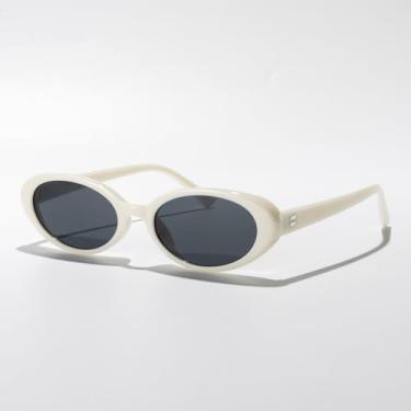 Imagem de Óculos de sol fashion oval olho de gato para mulheres e homens, óculos de sol clássicos retrô para dirigir, viajar, uso diário elegante UV400, Armação branca/lente preta, Lens Width: 54 Millimeters
