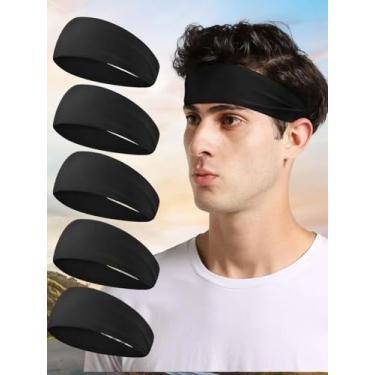 Imagem de Bandanas esportivas masculinas (pacote com 5), faixas de transpiração com absorção de umidade para corrida, ciclismo, futebol, basquete, ioga, faixa de cabelo para mulheres e homens (preto)
