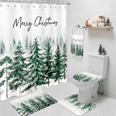 Imagem de Maasechs Conjunto de 6 peças de cortina de pinheiro de inverno, conjunto de banheiro com cortina de chuveiro à prova d'água 182 x 182 cm, toalha de tampa de vaso sanitário, tapetes em forma de U