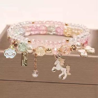 Imagem de Pulseira feminina de cristal com tema de unicórnio, pulseira elástica de strass brilhante com pingente de fantasia, joia de festa ajustável e elegante presente para ela, One Size, Cristal, Sem Pedra