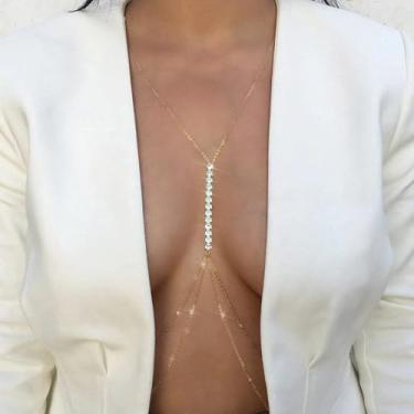 Imagem de Correntes corporais sensuais para mulheres, sutiã de biquíni de ouro 14K, joia corporal, verão, praia, cintura da barriga (10 diamantes)