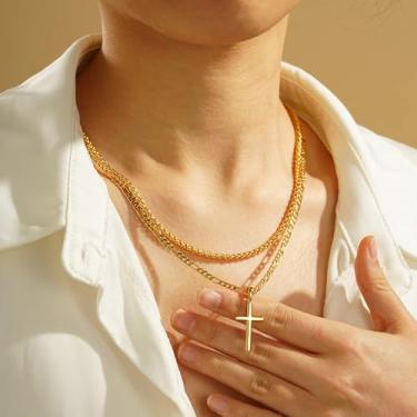 Imagem de Colar feminino banhado a ouro 14K – Pingente de cruz delicada de 46/50/56/61 cm, hipoalergênico personalizado, não mancha, presente de aniversário de Natal, joias modernas, 16+2", Prata, Sem Pedra