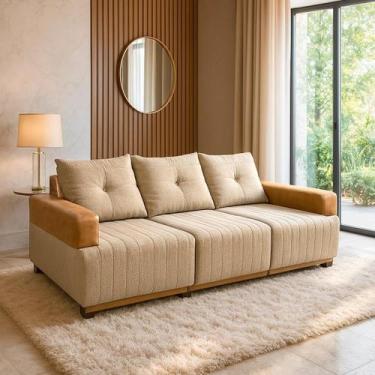 Imagem de Sofá 3 Lugares Living 2,35m Leona Bom Pastor, Linho Bege/Caramelo
