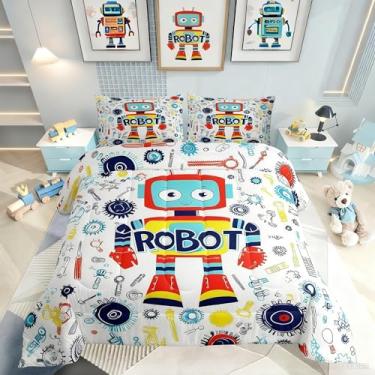 Imagem de Erosebridal Jogo de cama casal com desenho animado de robô colorido, para crianças, adolescentes, espaço sideral, decoração kawaii, para quarto