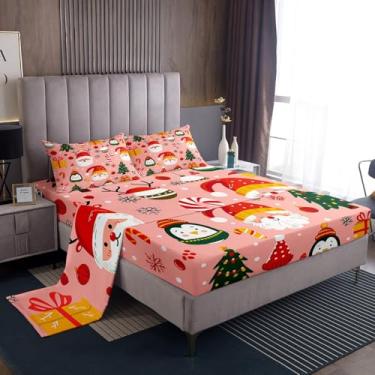 Imagem de Feelyou Jogo de lençol solteiro com estampa de pinguim, árvore de Natal, lençol com elástico alto, respirável, macio, leve, microfibra, floco de neve de Natal