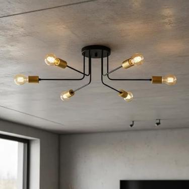 Imagem de Luminária de Teto Sputnik 6 Braços "L" Lustre Sala Quarto Cozinha Area Gourmet Hall Sala (PRETO-DOURADO)