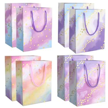 Imagem de Pacote com 8 sacos de presente com alças de 18 x 23 x 10 cm, sacos de presente de papel colorido com design de bolinhas, para aniversário, casamento, Ação de Graças, Natal