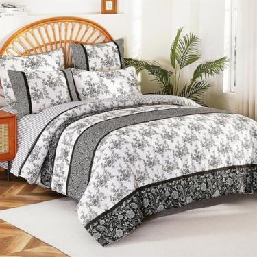 Imagem de Cmfshape Conjunto de edredom tamanho Queen, boêmio, preto, 7 peças, estampa de flores, branco, edredom de microfibra macia com conjunto de lençóis, fronhas e fronhas para todas as estações, 90 x 90