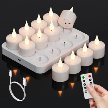 Imagem de Luzes de chá recarregáveis vela sem chama com temporizador remoto, 12 peças de velas de chá cintilantes com base de carregamento, chama 3D operada por bateria pequena votiva para decoração de Natal e