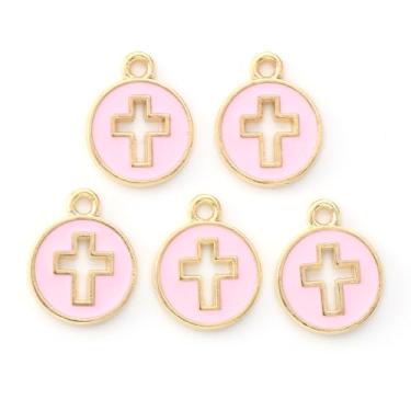 Imagem de 100 peças de pingentes de rosário de crucifixo banhados a ouro claro com cruz esmaltada para fazer joias faça você mesmo, colar e brincos, rosa pérola