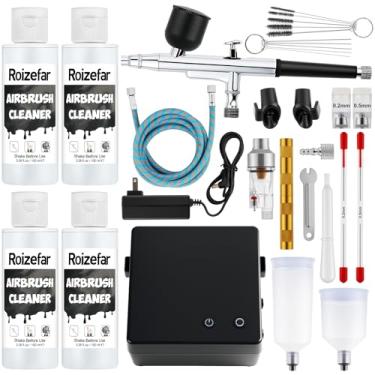 Imagem de Roizefar Kit de aerógrafo com compressor, conjunto de pintura de escova de ar sem entupimento de 55 PSI com limpador de 4 x 100 ml, bicos de 0,2/0,3/0,5 mm e escova de limpeza, ideal para pintura
