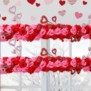 Imagem de AceOrbit 85 coroas de flores rosa de 150 cm para varão de cortina rosa artificial vermelha e rosa com macarrão de espuma em formato de coração para porta, janela, lareira, casamento, aniversário de