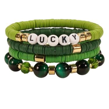 Imagem de Lonext Pulseira elástica com contas para mulheres, estilo boho Y2k, tema do Dia dos Namorados, 18 cm, material de argila, formato redondo, fecho de anel de mola, One Size, Vidro Cristal Argila Vidro