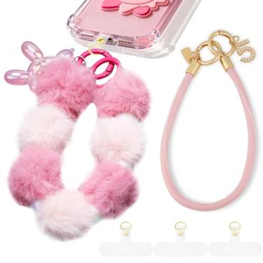 Imagem de 2 peças de alça de pulso para telefone com aba de corda, cordão de pulso duplo antiperda bola de penugem, pingentes de telefone de couro destacáveis para bolsa, chaveiros, decoração de câmera (rosa)