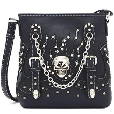 Imagem de Bolsa tiracolo feminina de couro esqueleto com caveira Sugar Skull Day of the Dead Cross Bone Rock Metallic, nº 2 preta, L