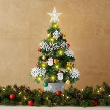 Imagem de Soulchen Mini árvore de Natal de 61 cm com flocos de neve, luzes de LED, ornamentos de copas de árvore de estrela de prata, ornamentos para decoração de festa de Natal DIY
