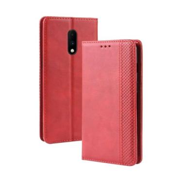 Imagem de Capa para OnePlus 7,Retro Flip magnético,Caso de telefone de couro PU,Design de carteira com 3 slots de cartão e 1 clipe de dinheiro -Red