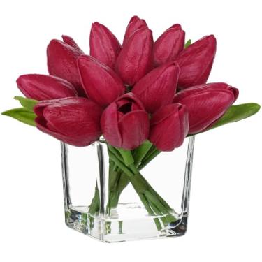 Imagem de DILATATA Tulipas artificiais rosa choque em vaso com água sintética 14 cm, flores de toque real, tulipas falsas, arranjo de flores pequenas em vaso de vidro para mesa de dia das mães, decoração de