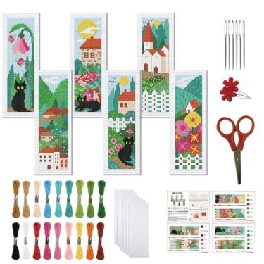 Imagem de FREEBLOSS Conjunto de 6 kits de marcadores de página de ponto cruz com estampa de cenário rural Kit de bordado de 11 CT com instruções para iniciantes 20 x 6 cm