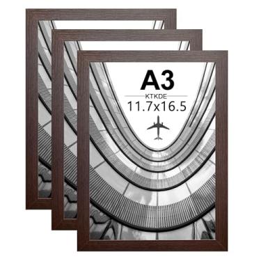 Imagem de KTKDE Conjunto de 3 molduras para pôster A3, moldura de nogueira de madeira - 29,7 x 42 cm - porta-fotos, moldura de certificado com acrílico para montagem na parede ou mesa
