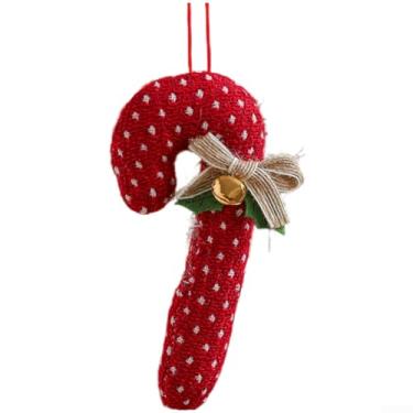 Imagem de Enfeite de árvore de Natal, pingente de bengala doce de desenho animado de pelúcia com sinos e laços, decoração suspensa de tecido vermelho para festas de fim de ano e exibição festiva em casa