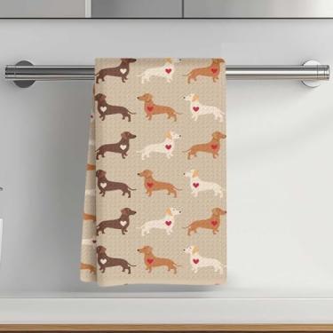 Imagem de Toalhas de cozinha fofas com estampa de dachshund e coração 35 x 61 cm, toalha de prato decorativa de microfibra absorvente, toalhas de mão de waffle para cozinha, casa, banheiro, presentes para