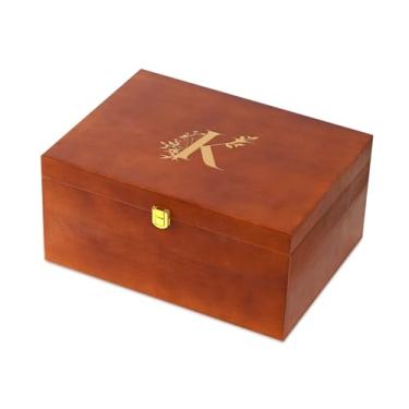 Imagem de InnoBeta Caixa de lembrança de presente personalizada, caixas de armazenamento de madeira, organizador decorativo com tampa para tesouro de memória, presentes iniciais para aniversário, Natal, K