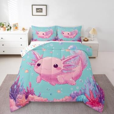 Imagem de Jogo de cama casal com estampa de animal de estimação anfíbio de tritão azul do oceano azul, estampa de animal de estimação anfíbio, para crianças, meninas, meninos, desenho animado e criatura, rosa