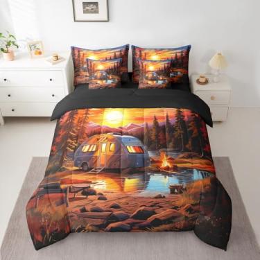 Imagem de Manfei Jogo de cama casal, 7 peças, acampamento, trailer, fogueira, pôr do sol, tema aventura, em uma bolsa com edredom, lençol de cima e fronhas