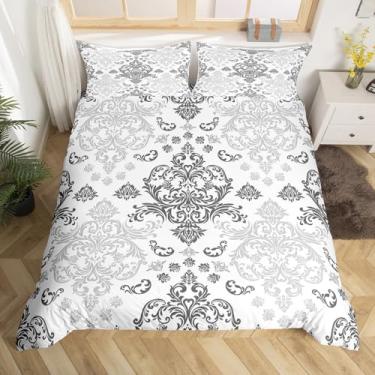Imagem de Erosebridal Capa de edredom preto damasco king size mandala paisly conjunto de cama para crianças, meninas, meninos, mulheres, vitoriano, barroco, adultos, boêmio, gótico, branco, cinza, quente, roupa
