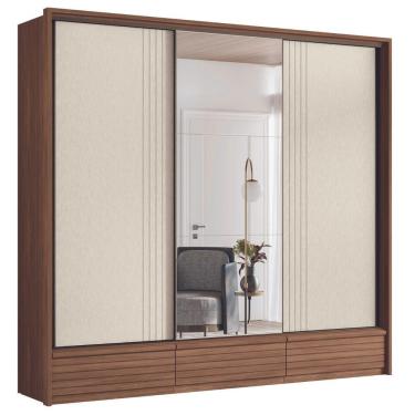 Imagem de Roupeiro 3 Portas Ripado Com Espelho Flex Braga Jatoba Areia