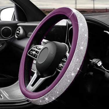 Imagem de ZNDAW Capa de volante de couro diamante, protetor de roda antiderrapante com strass de cristal brilhante de 38 cm, capa de volante de diamante elegante universal brilhante para mulheres e meninas