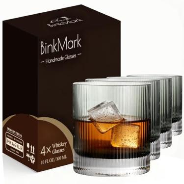 Imagem de BinkMark Conjunto de 4 copos de uísque, 283 g, vidro sem chumbo, design de linha reta cinza, copos de vidro antiquado, coquetéis, uísque escocês, rum, estilo vintage - pode ser lavado na lava-louças