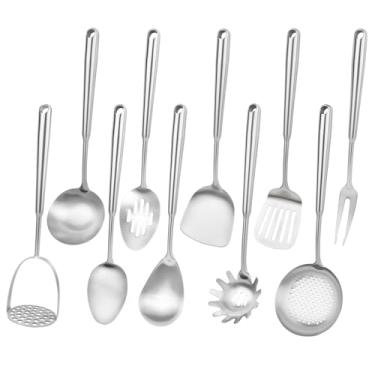 Imagem de Conjunto de utensílios de cozinha de aço inoxidável 18/10, 10 peças, conjunto de utensílios de cozinha de metal para wok, conjunto de utensílios de cozinha vem com colher, garfo, espátula, concha