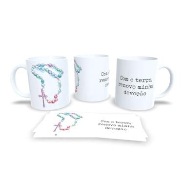 Imagem de Caneca Religiosa com Terço, Com o Terço Renovo Minha Devoção, Porcelana Branca, Design Artístico em Tons Pastéis (13476)