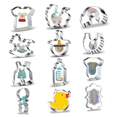 Imagem de Conjunto de 12 peças de cortadores de biscoito para chá de bebê, camisa, macacão, sino, carrinho de bebê, mamadeira, cavalo de balanço, cachecol, pato, flor, cortadores de biscoito de aço inoxidável