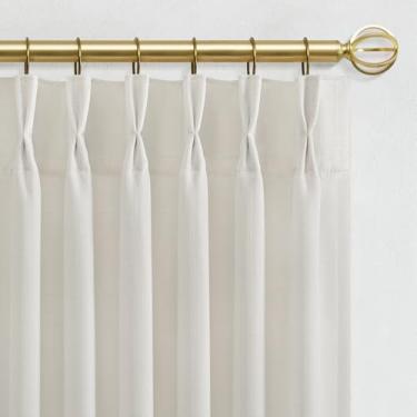 Imagem de Cortinas de linho natural plissadas de 153 cm de comprimento, conjunto de 2 painéis de janela Ktichen, cortina curta bege com filtro de luz semitransparente, cortinas curtas com ganchos de aba