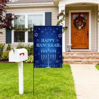 Imagem de LOONELO Happy Hanukkah Garden Flag, Festival of Lights Menorah Chanukah Yard House Sign 45 cm x 30 cm, poliéster durável, decorações ao ar livre para festas de Hanukkah
