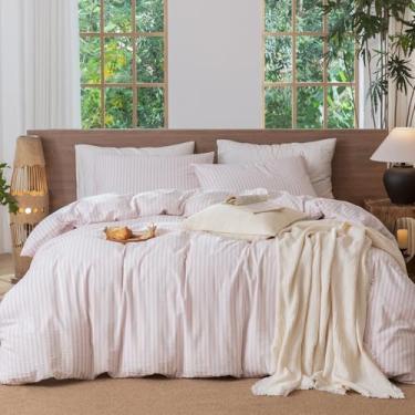 Imagem de MooMee Conjunto de capa de edredom listrado 100% algodão lavado como linho texturizado respirável durável macio confortável (listras clássicas rosa acinzentado mesclado, King 264 x 228 cm)