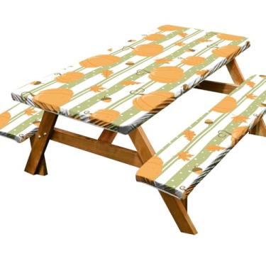 Imagem de BEDBLK Toalha de mesa de piquenique de outono com capas de banco, 3 peças, toalha de mesa elástica para acampamento, 183 x 76 cm, impermeável, à prova de vento, para jardim ao ar livre (abóbora
