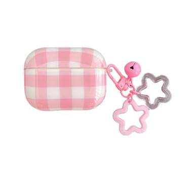 Imagem de Capa clássica quadriculada rosa para Airpods 4 com chaveiro, linda capa protetora retrô chique elegante feminina brilhante + corrente para Airpod 4ª geração