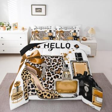 Imagem de Erosebridal Conjunto de edredom Queen com estampa de oncinha marrom | Conjunto de cama moderno e luxuoso para crianças, meninas, mulheres, perfume, salto alto, conjunto de colcha para meninas e