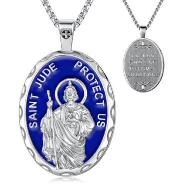 Imagem de OigvcoTe Pingente religioso de São Jude/São Cristóvão/São José/banhado a platina, colar de moedas grande, corrente de 19,69 + 5 cm, medalha de santo padroeiro católico, alto polimento., 19.69+2 Inches