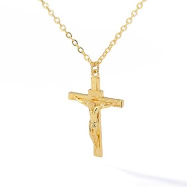 Imagem de DATOA Colar de cruz minimalista, banhado a ouro, religiosa, corrente com pingente de crucifixo de aço inoxidável, para mulheres e homens, 16in, Zinco, Sem Pedra Preciosa