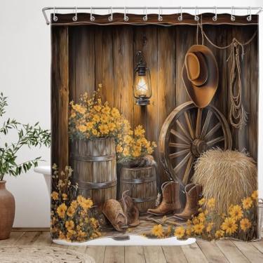 Imagem de YRWSU Cortina de chuveiro caubói ocidental para banheiro, cortina de chuveiro rústica Coutry Farmhouse porta de celeiro decoração floral margarida, conjunto de cortina de chuveiro de tecido com tema