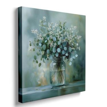 Imagem de Ypxzzj Arte de parede em tela de flor de eucalipto vintage vaso de vidro verde e branco pôster de flores decoração de parede retrô impressão botânica arte para banheiro sala de estar pronto para