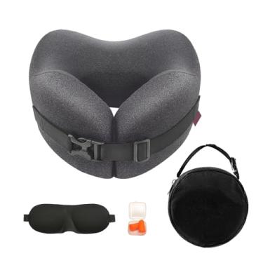 Imagem de Almofada de pescoço de viagem de espuma viscoelástica com suporte 360 para avião, travesseiro de pescoço ajustável para viagens com máscara de olho 3D, tampões de ouvido e bolsa portátil, travesseiro